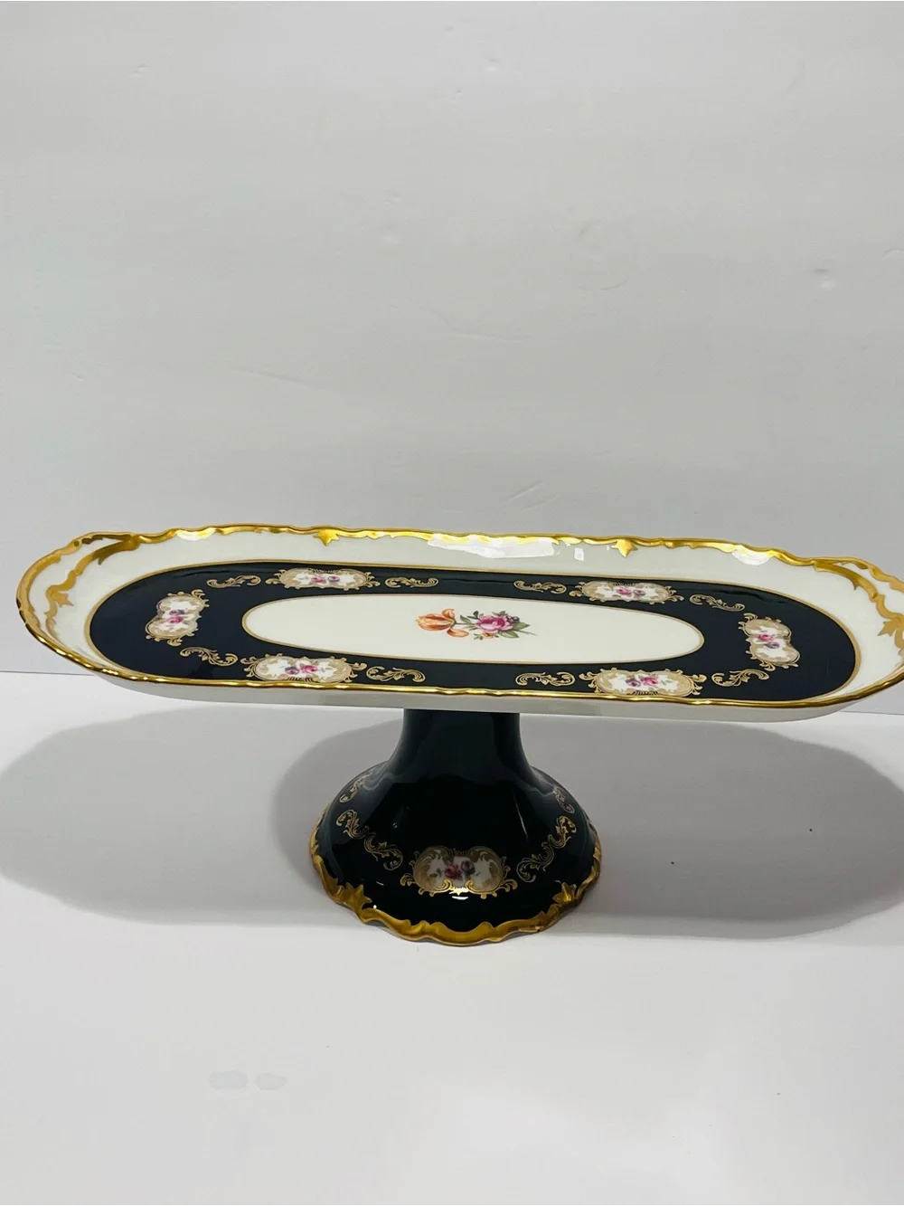 Vtg REICHENBACH Germany Echted Cobalt Baroque & 24K Gold Trim Pedestal Tray